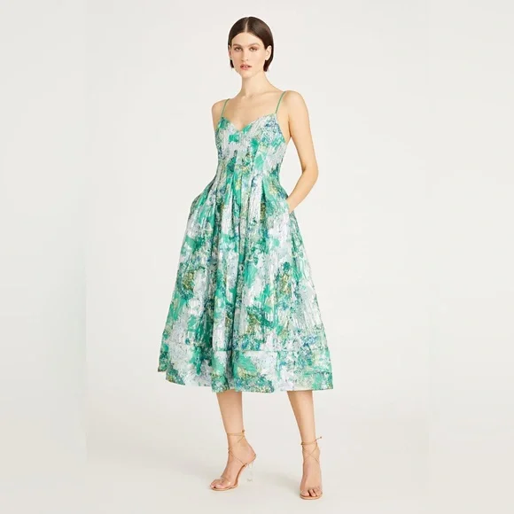 Monique Lhuillier | Dresses | Monique Lhuillier Green And White Spaghetti  Strap Sundress | Poshmark